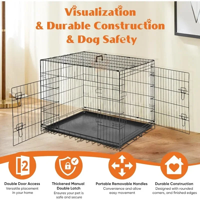 Double Door, Folding Wire, XL Dog Crate with Leakproof Tray for Indoor & Outdoor Use
