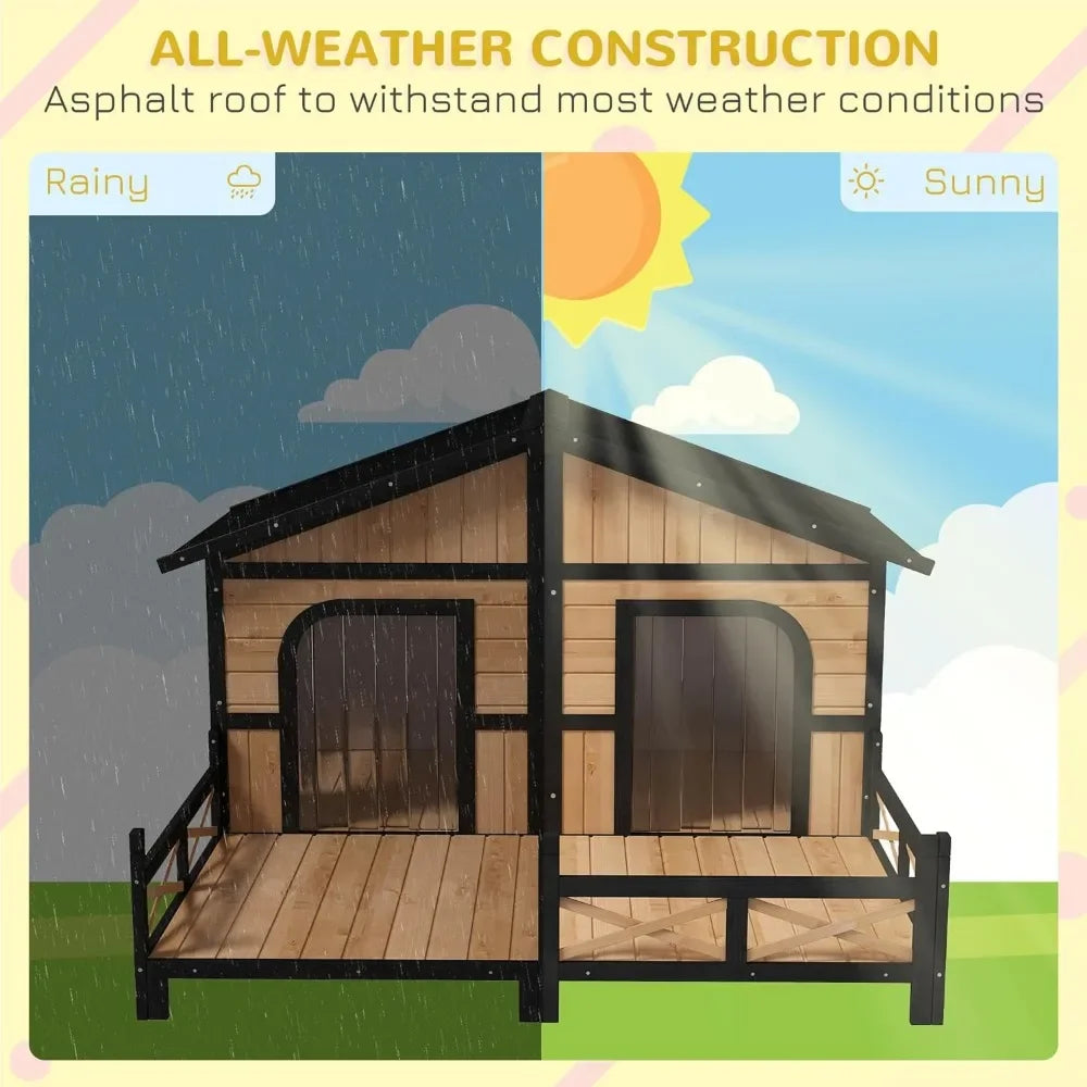Wooden XL Outdoor Dog House with Elevated Floor and Porch - Weatherproof Kennel