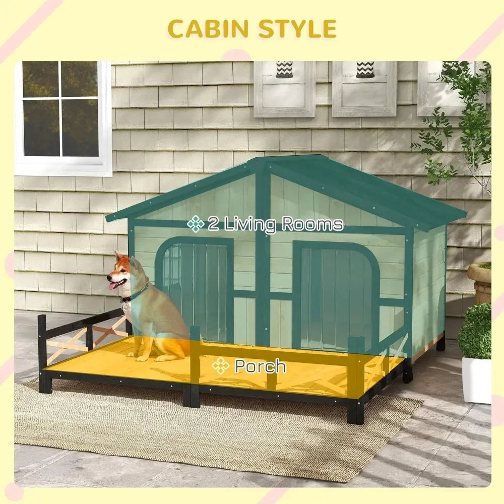 Wooden XL Outdoor Dog House with Elevated Floor and Porch - Weatherproof Kennel
