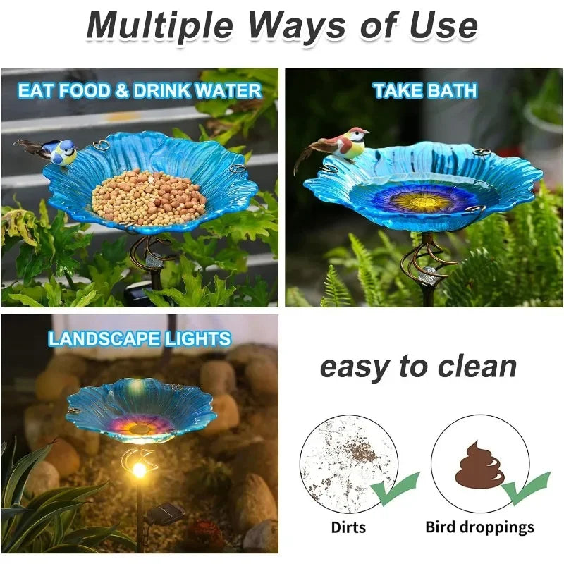 Glass Bird Bath or Feeder with Solar-Powered LED Light