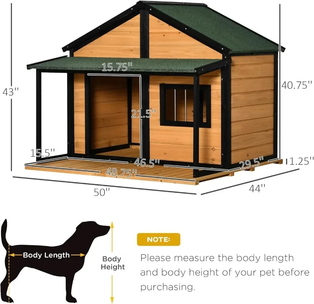 Wooden Outdoor Dog House with Porch and Asphalt Roof for Medium & Large Dogs