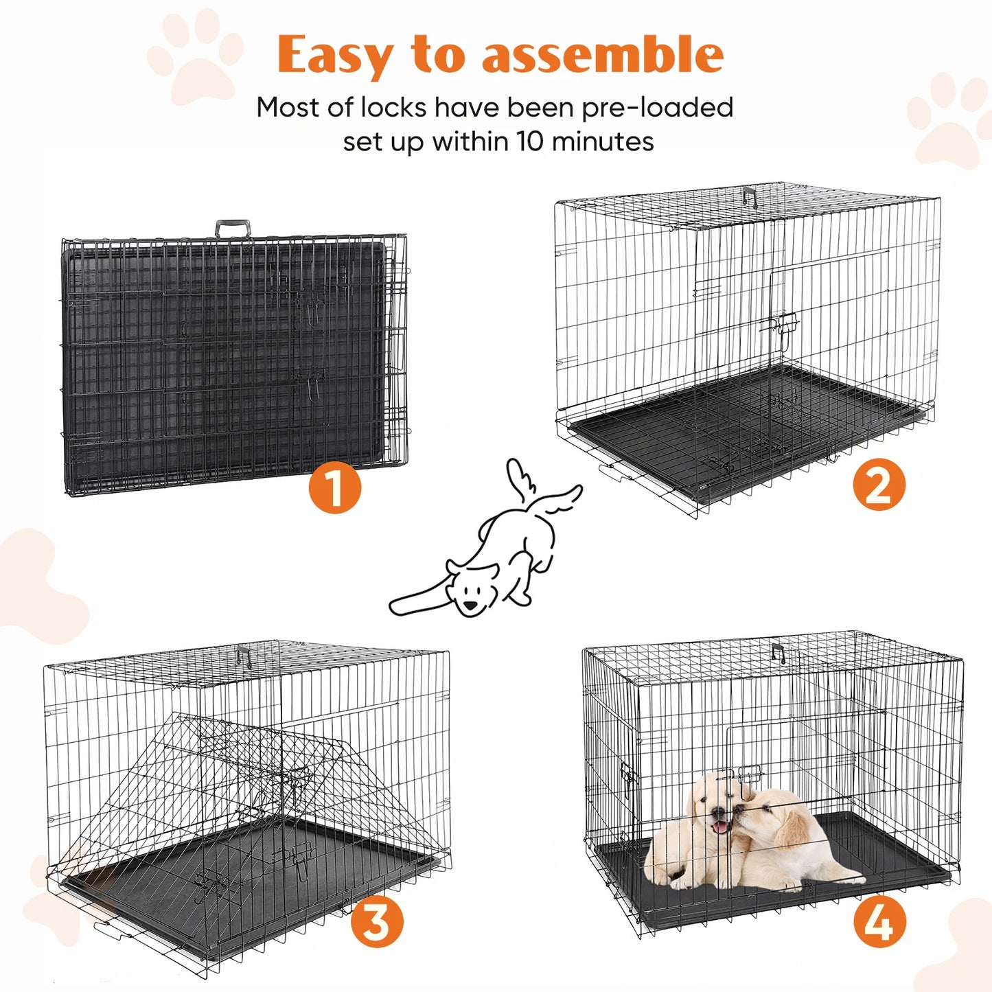 JHK Extra Large Folding Metal Dog Crate with Double Doors & Leak-Proof Tray