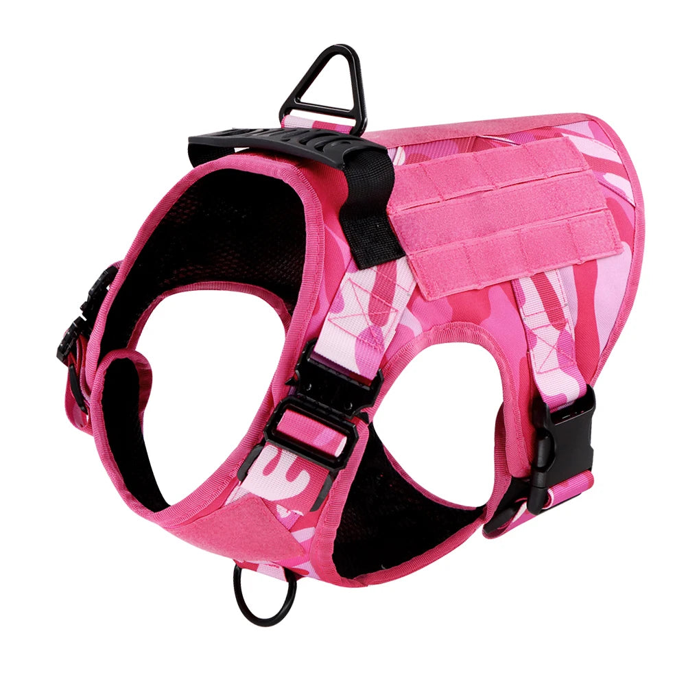 Pink Military Camouflage Tactical Dog Harness with Optional Adjustable Bungee Leash – Perfect for Medium and Large Dogs