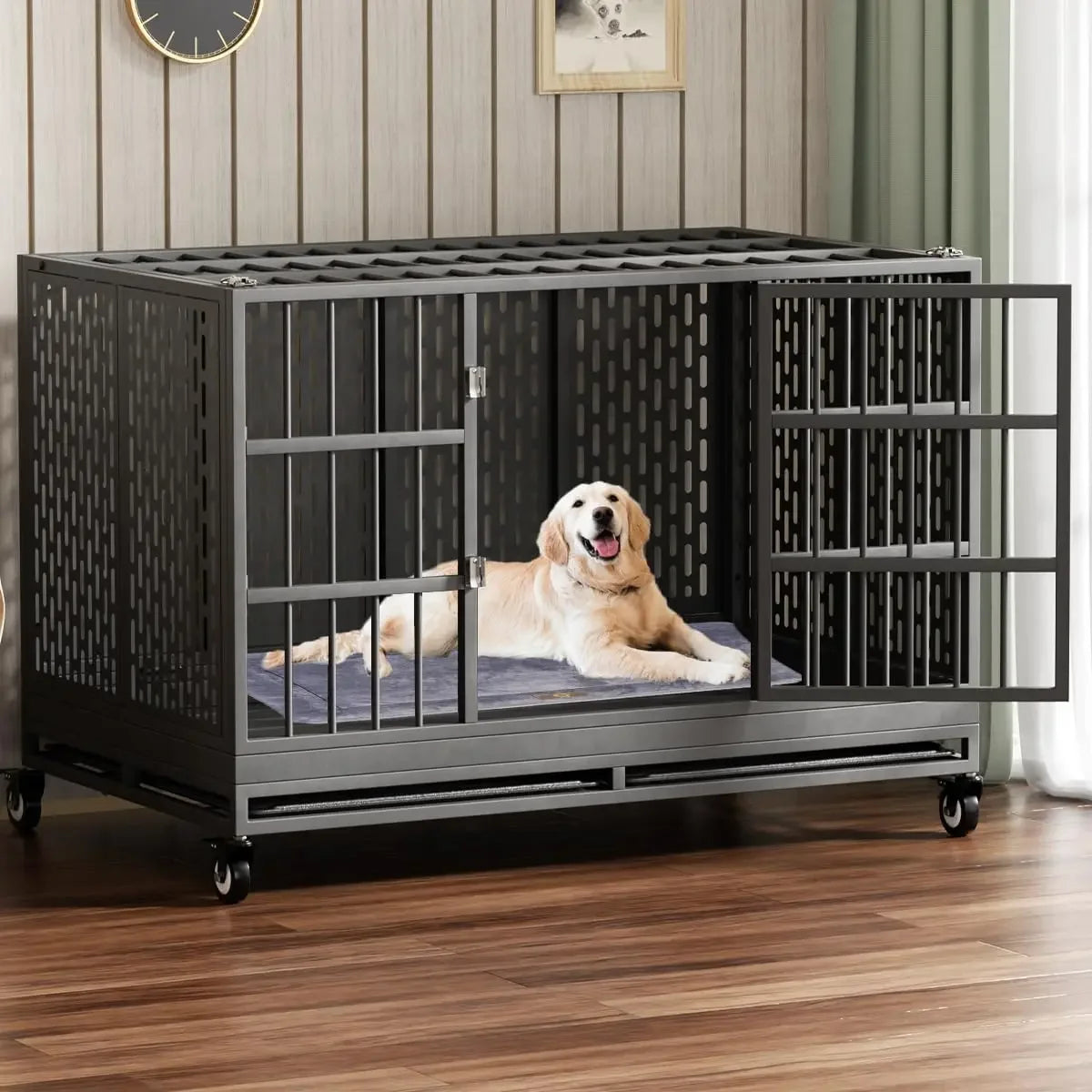 Heavy-Duty Metal Dog Crate with Wheels, Folding Cage for Large and Medium Dogs - 48" x 42" x 38"