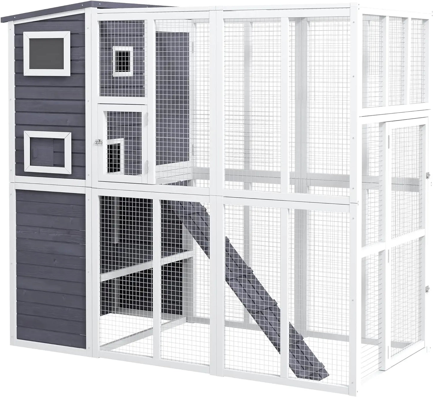 Outdoor Wooden Catio Cat Shelter with Platforms and Waterproof Roof