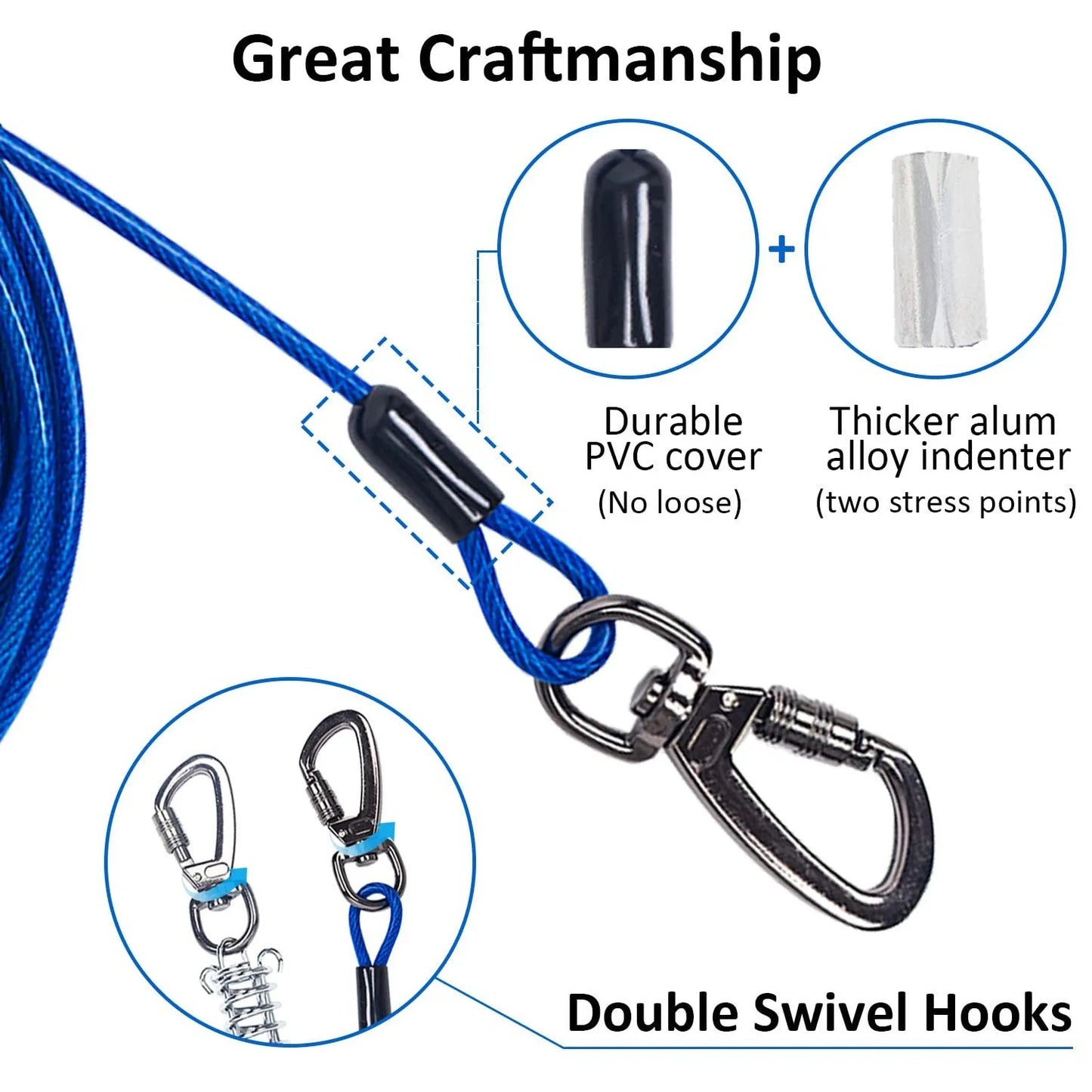 Heavy-Duty Double-Ended Steel, Tie-Out Cable Leash with Strong Metal Spring for Dogs