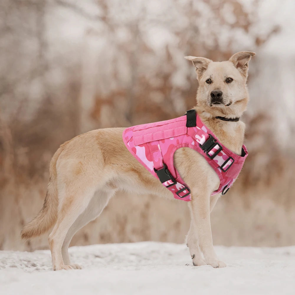 Pink Military Camouflage Tactical Dog Harness with Optional Adjustable Bungee Leash – Perfect for Medium and Large Dogs