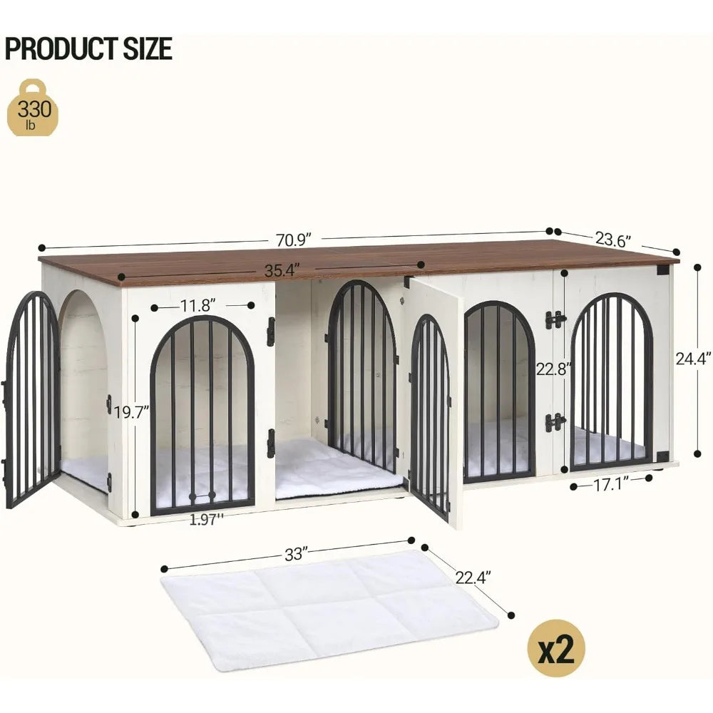 71" XXL Wooden Dog Crate, Furniture with Divider - Heavy-Duty Indoor Kennel and TV Stand for Up to 2 Dogs