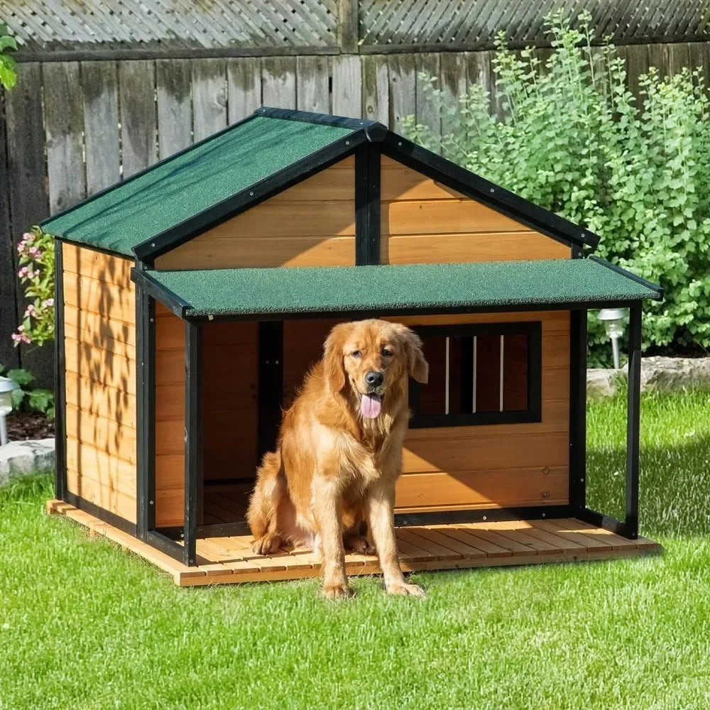 Wooden Outdoor Dog House with Porch and Asphalt Roof for Medium & Large Dogs