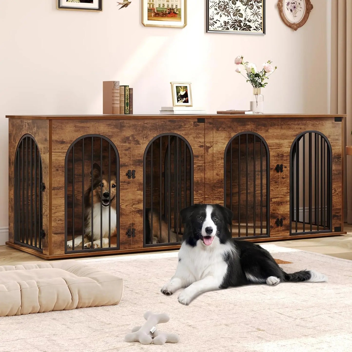 71" XXL Wooden Dog Crate, Furniture with Divider - Heavy-Duty Indoor Kennel and TV Stand for Up to 2 Dogs