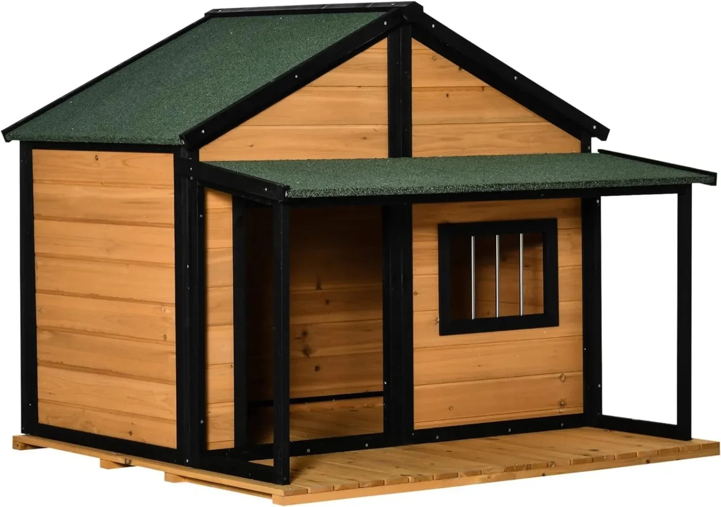 Wooden Outdoor Dog House with Porch and Asphalt Roof for Medium & Large Dogs