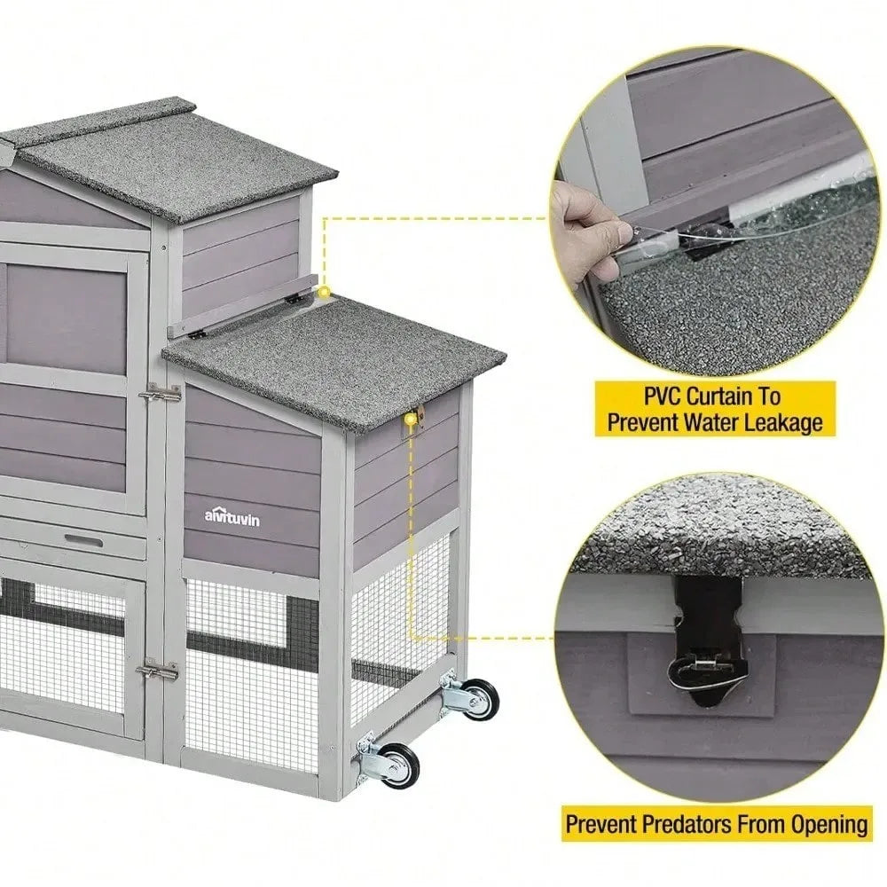 80" Mobile Wooden Chicken Coop with Wheels, Nesting Box & Run