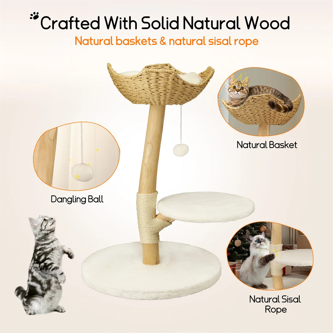 Modern Solid Wood Cat Tree with Scratching Posts, Hammocks and Toy Ball