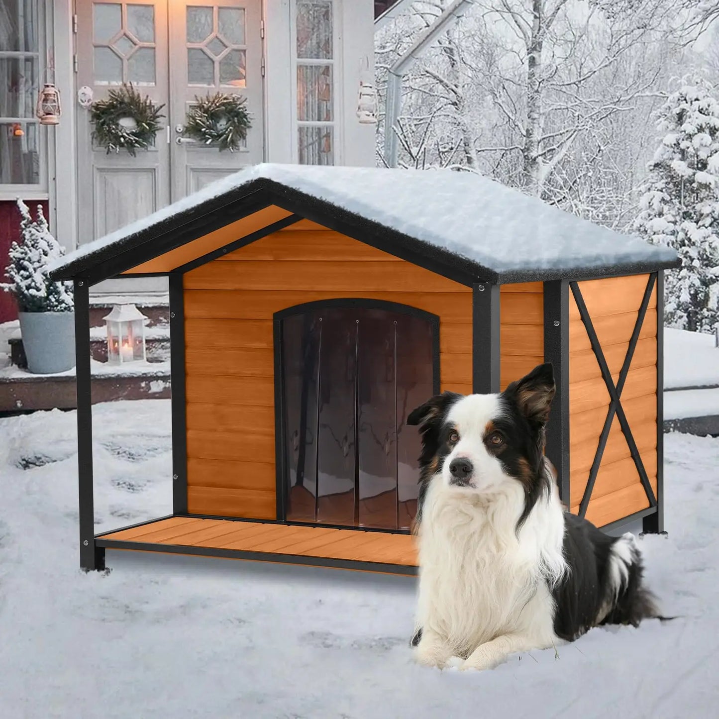 Weatherproof Wooden Dog House with Iron Frame for Small to Medium Dogs