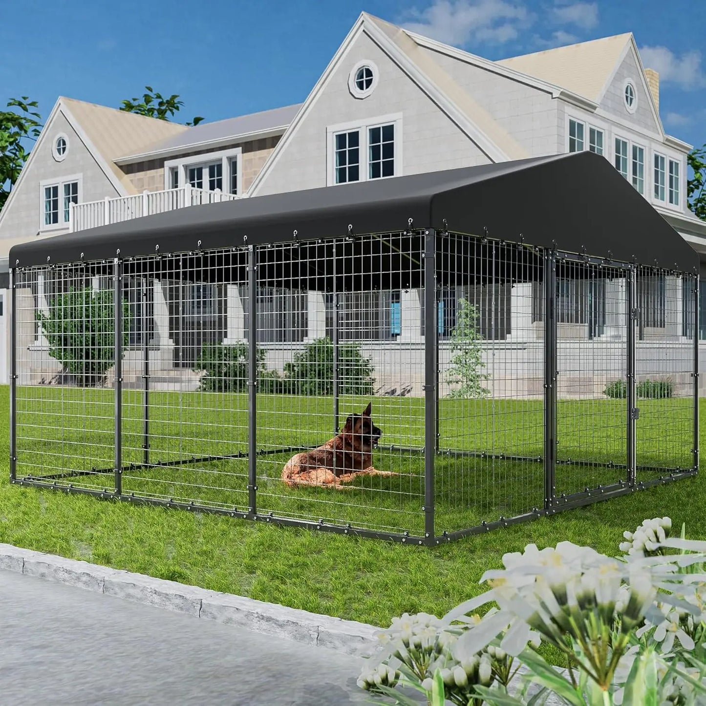 Large Heavy-Duty Outdoor Dog Kennel with Roof and Double Door Fence