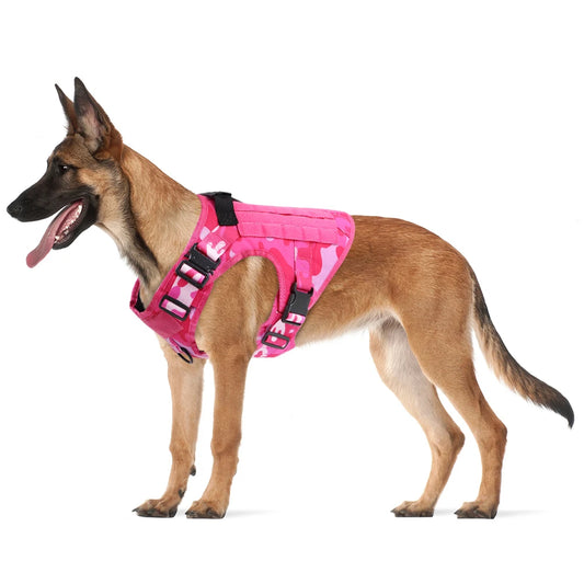 Pink Military Camouflage Tactical Dog Harness with Optional Adjustable Bungee Leash – Perfect for Medium and Large Dogs