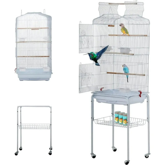 64-Inch Wrought Iron Bird Cage with Rolling Stand & Open-Top Design