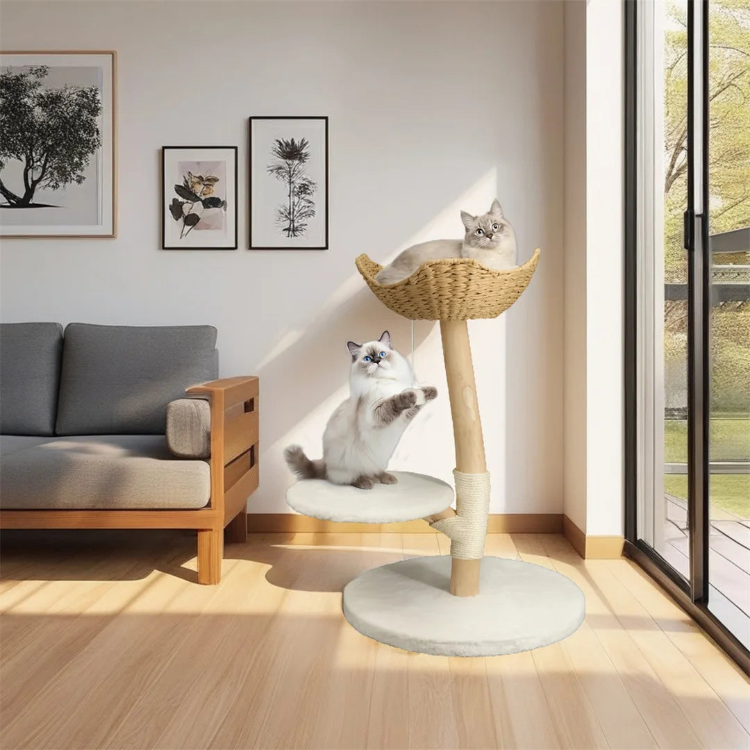 Modern Solid Wood Cat Tree with Scratching Posts, Hammocks and Toy Ball