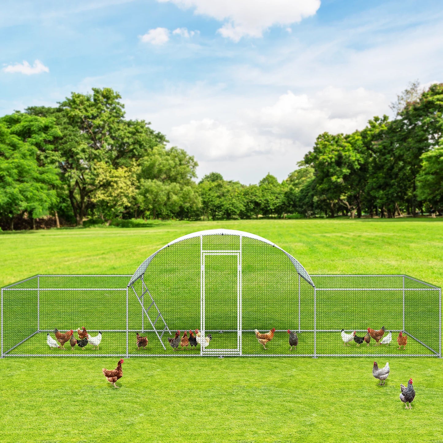 23 Ft Large Metal Chicken Coop with Dome Roof – Walk-In 3-Room Poultry Enclosure for Ducks & Rabbits