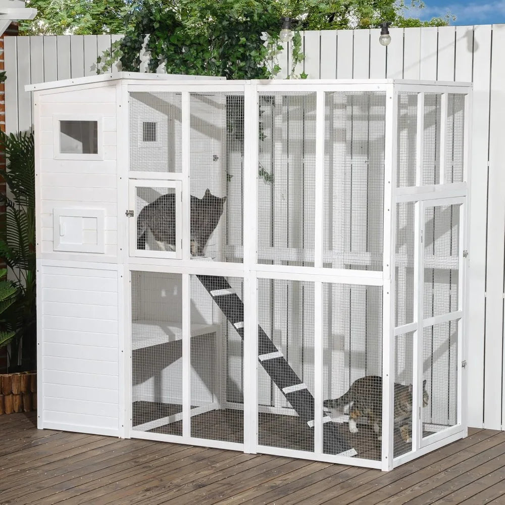 Outdoor Wooden Catio Cat Shelter with Platforms and Waterproof Roof