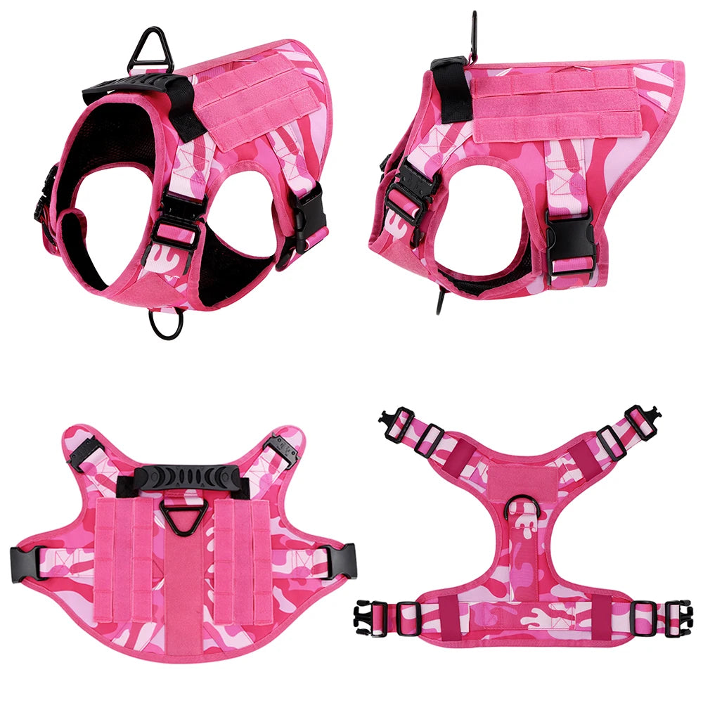 Pink Military Camouflage Tactical Dog Harness with Optional Adjustable Bungee Leash – Perfect for Medium and Large Dogs