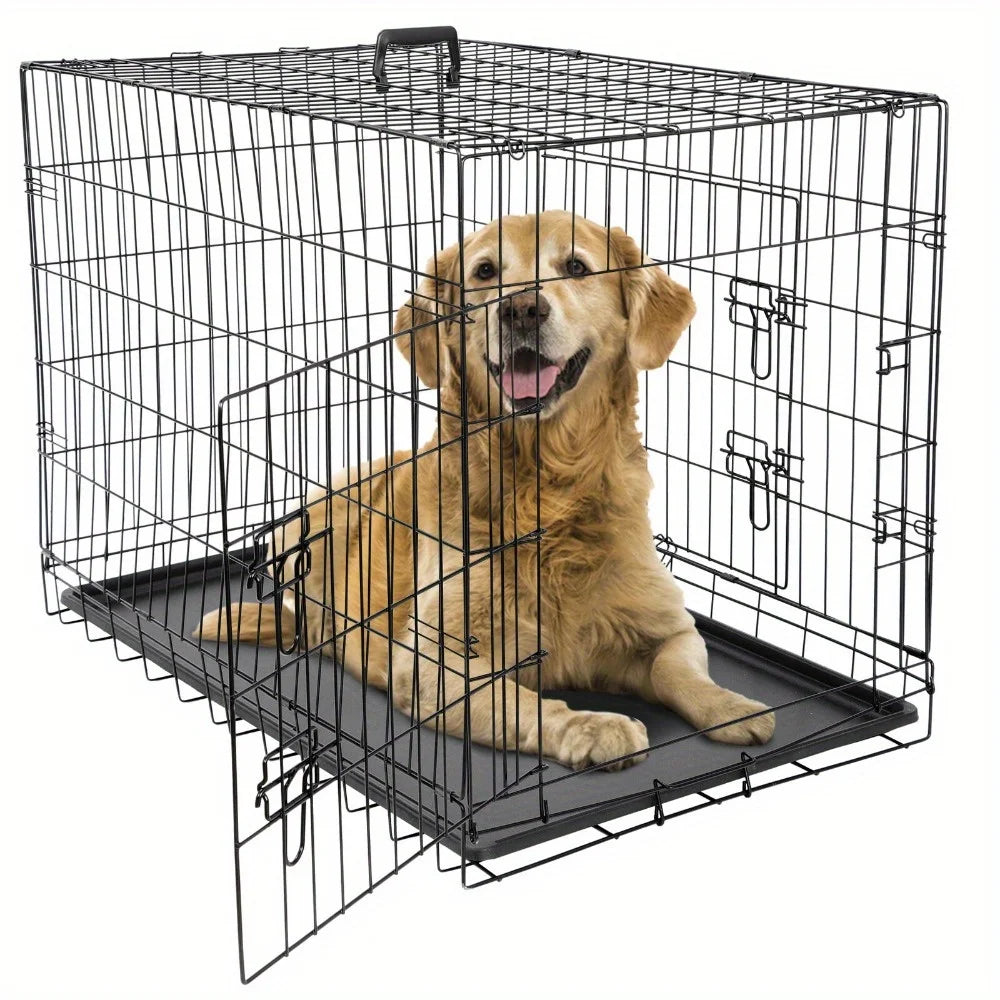 36" Folding Metal Dog Crate with Double Doors and Tray