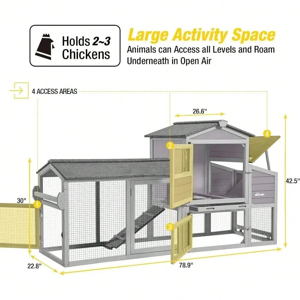 80" Mobile Wooden Chicken Coop with Wheels, Nesting Box & Run