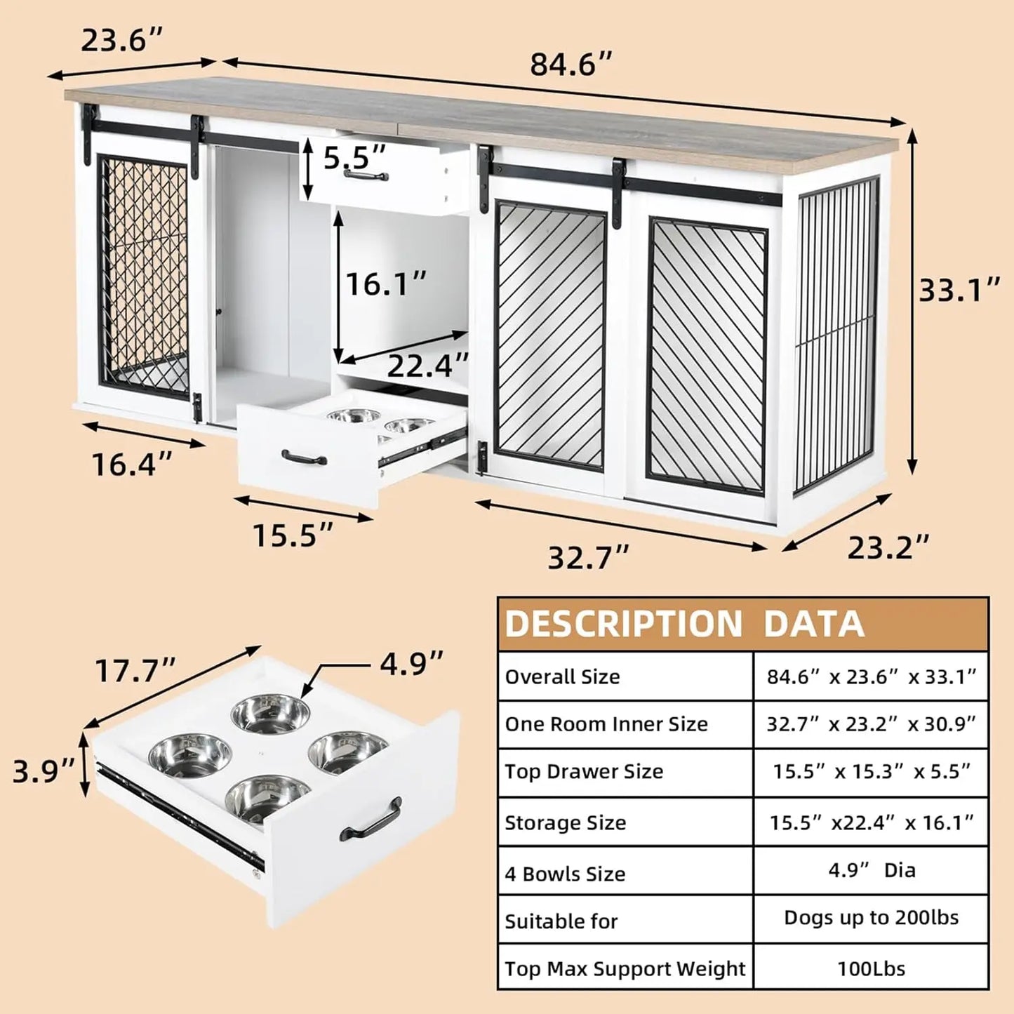 Extra Large 85" Double Dog Crate with Sliding Door & Divider – Heavy-Duty Wooden Kennel for 2 Large Dogs