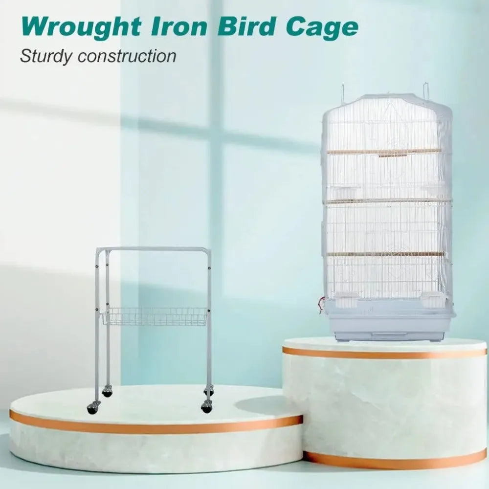 64-Inch Wrought Iron Bird Cage with Rolling Stand & Open-Top Design