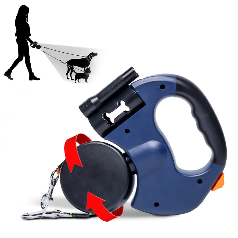 Dual-End Automatic Retractable Dog Leash with LED Flashlight – Easy Two-Dog Walking