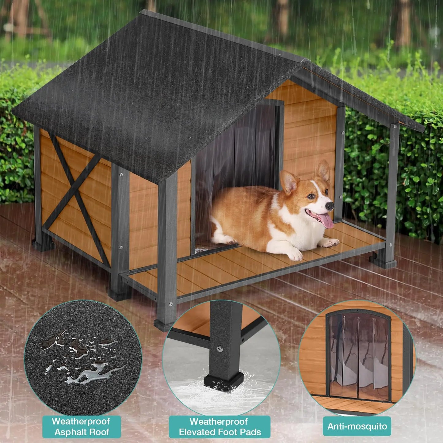 Weatherproof Wooden Dog House with Iron Frame for Small to Medium Dogs