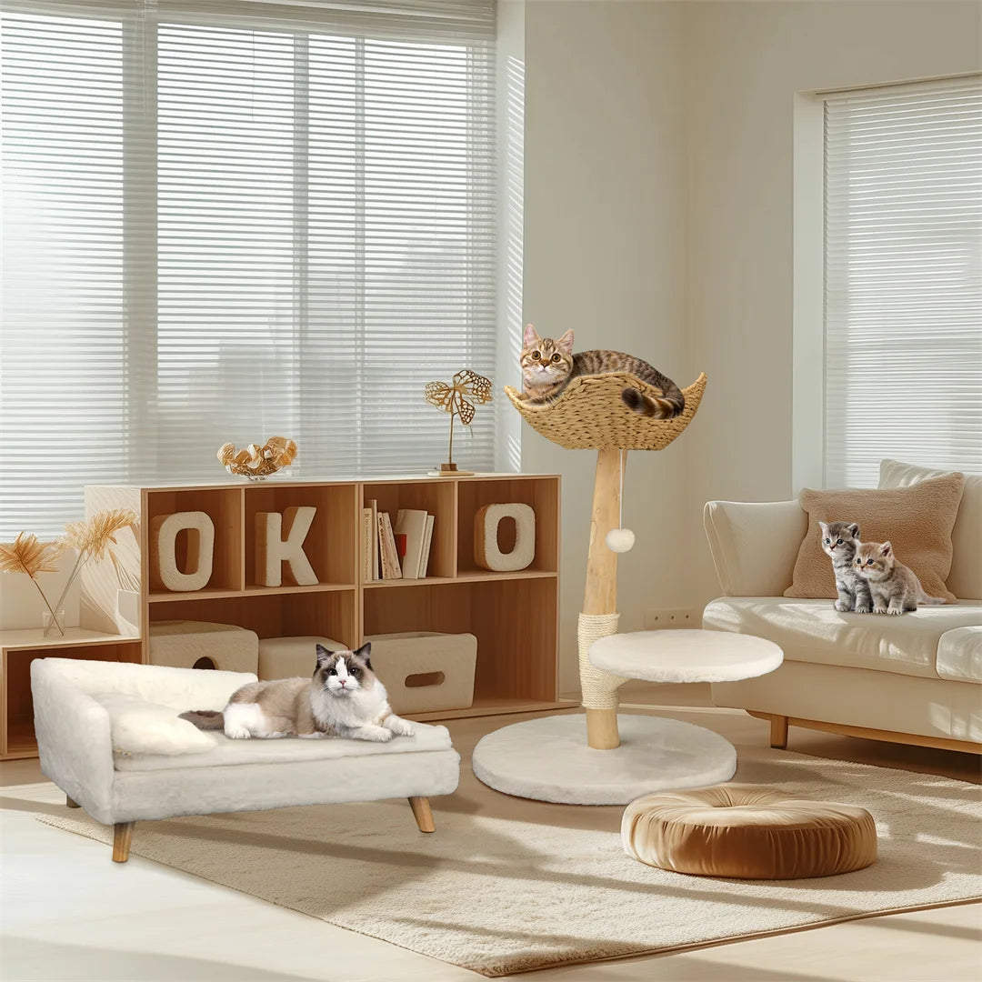 Modern Solid Wood Cat Tree with Scratching Posts, Hammocks and Toy Ball