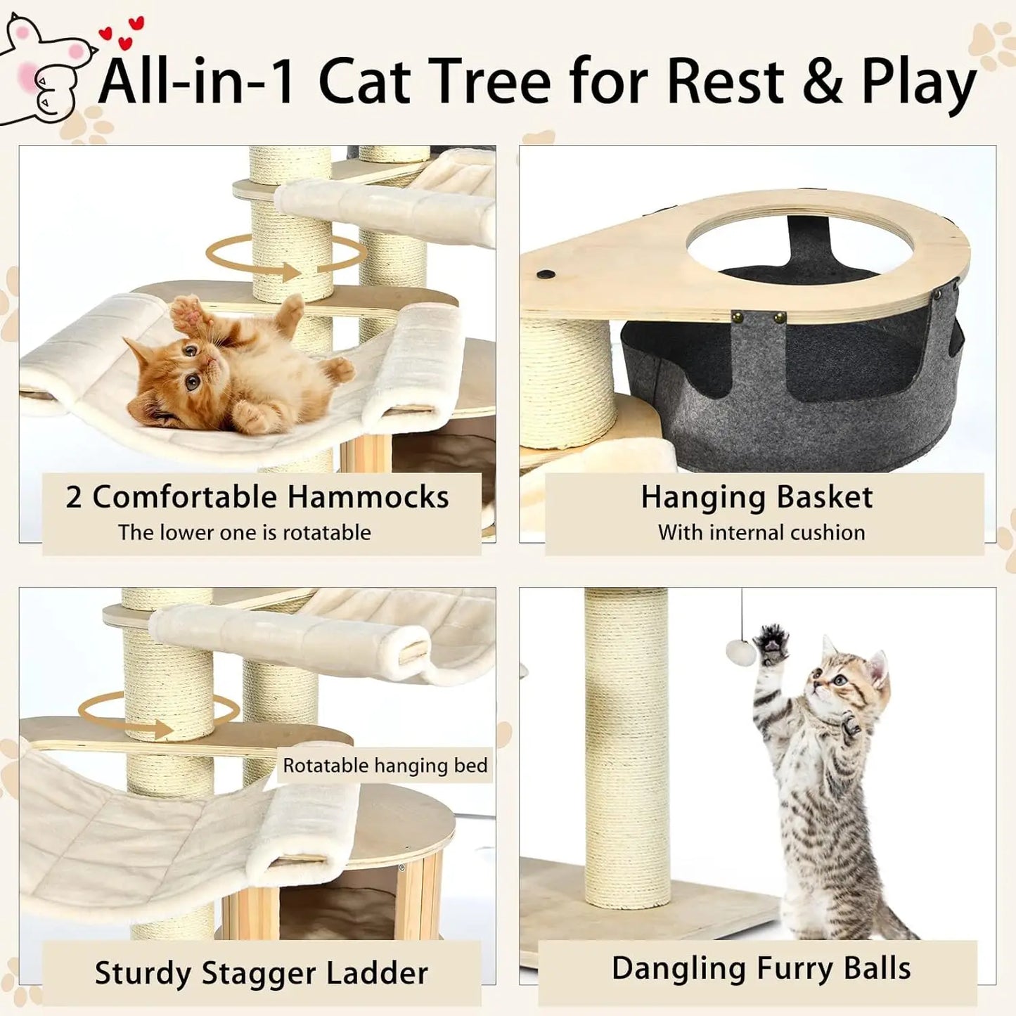 Large Multi-Level Cat Tree with Hammocks, Scratching Posts and a Cozy Condo