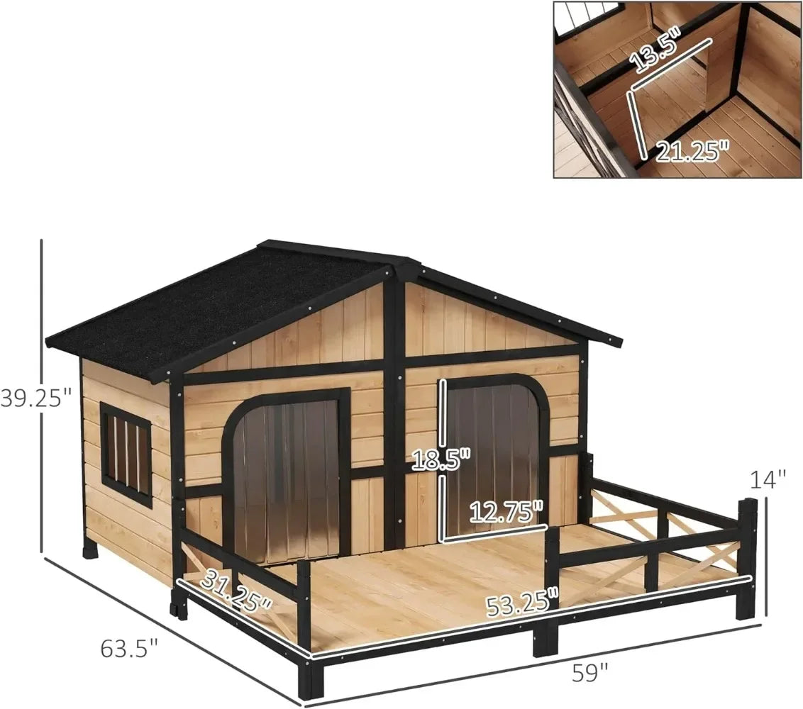 Wooden XL Outdoor Dog House with Elevated Floor and Porch -  Weatherproof Kennel