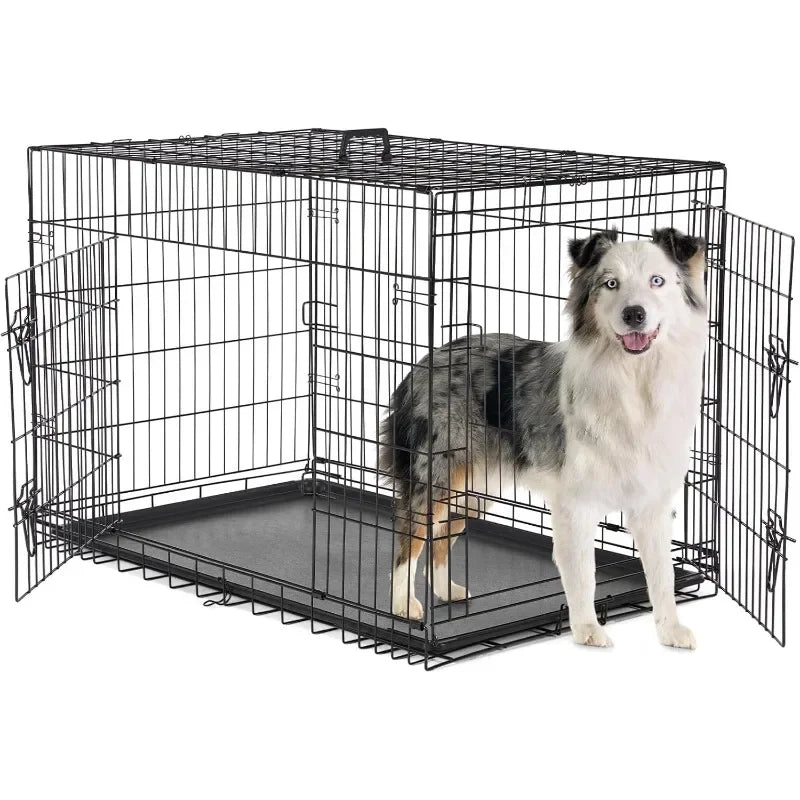 Double Door, Folding Wire, XL Dog Crate with Leakproof Tray for Indoor & Outdoor Use