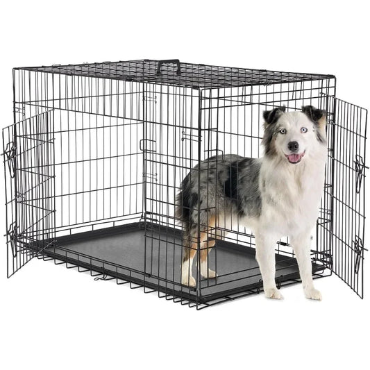 Double Door, Folding Wire, XL Dog Crate with Leakproof Tray for Indoor & Outdoor Use