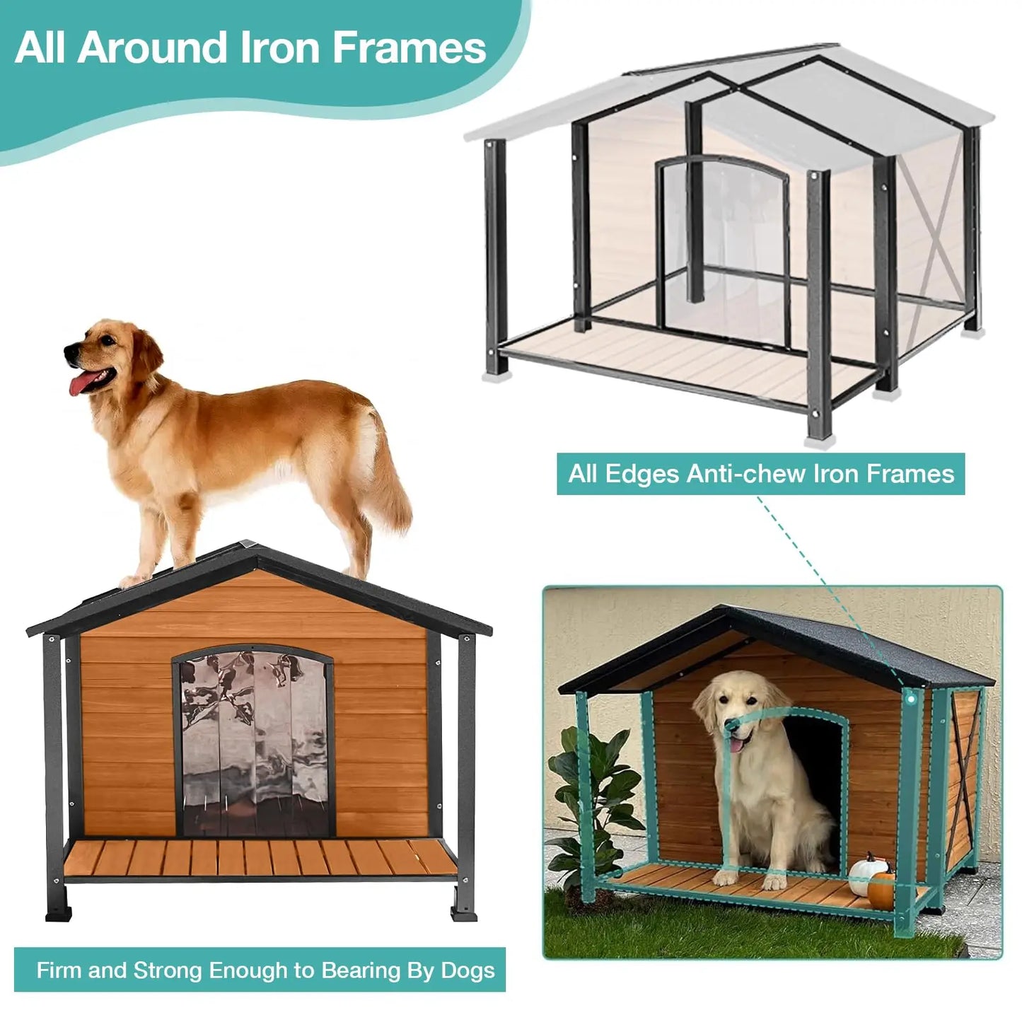 Weatherproof Wooden Dog House with Iron Frame for Small to Medium Dogs