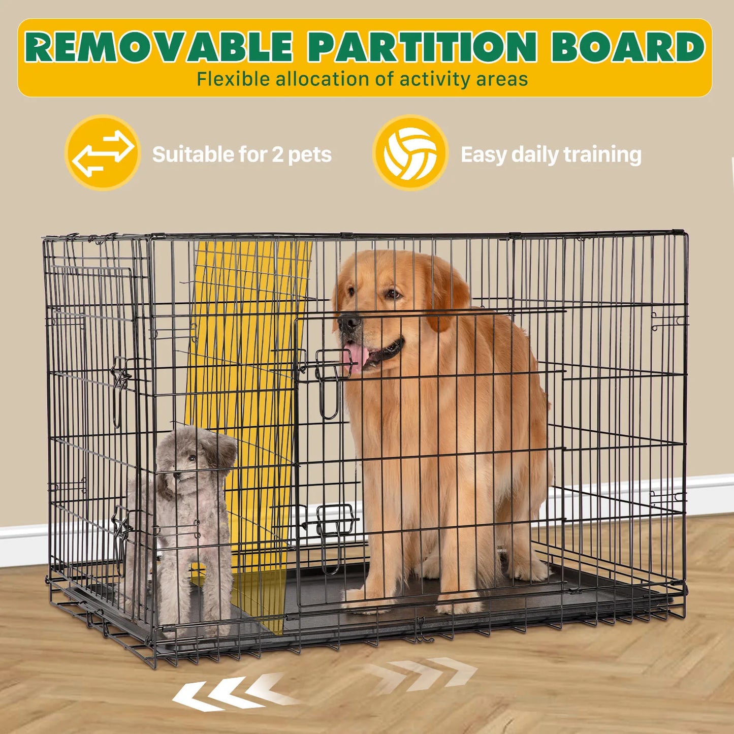 JHK Extra Large Folding Metal Dog Crate with Double Doors & Leak-Proof Tray