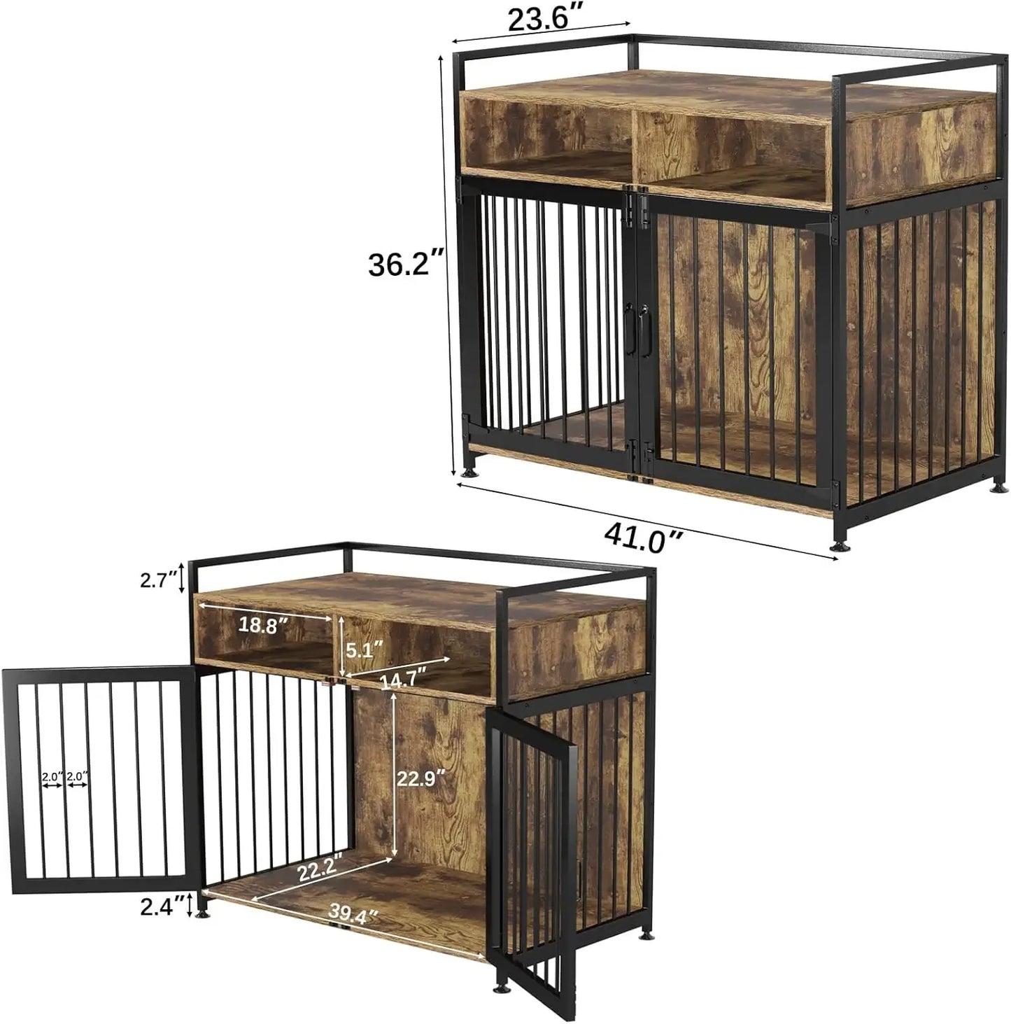 Wooden Furniture-Style Dog Crate with Metal Bars & Storage