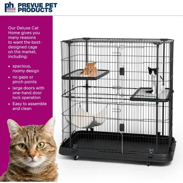 Prevue Pet Products Deluxe 3-Level Cat Cage - Black, 39 lbs