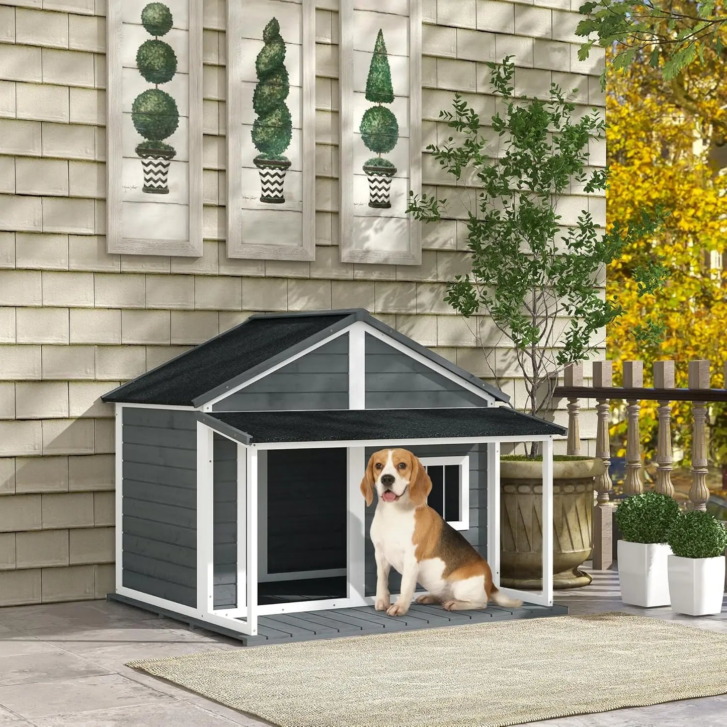 Outdoor Wooden Dog House Cabin with Raised Floor, Porch and Asphalt Roof for Medium and Large Dogs