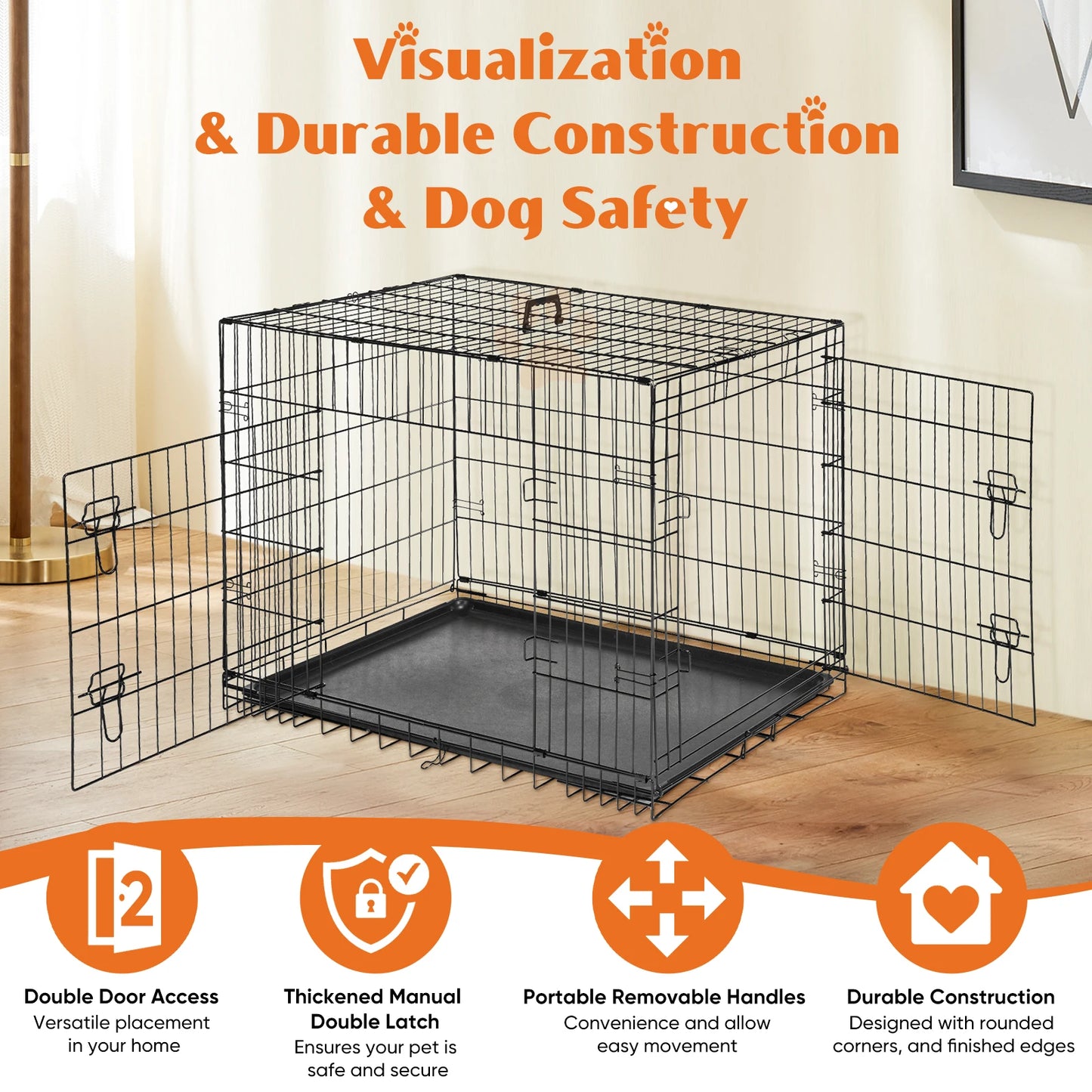 JHK Extra Large Folding Metal Dog Crate with Double Doors & Leak-Proof Tray