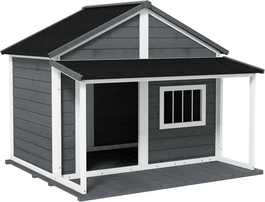 Outdoor Wooden Dog House Cabin with Raised Floor, Porch and Asphalt Roof for Medium and Large Dogs