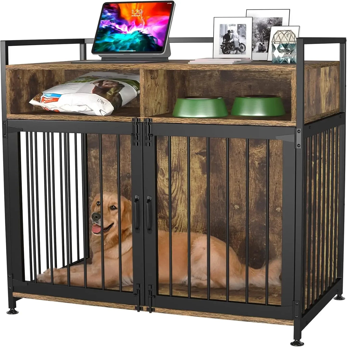 Wooden Furniture-Style Dog Crate with Metal Bars & Storage