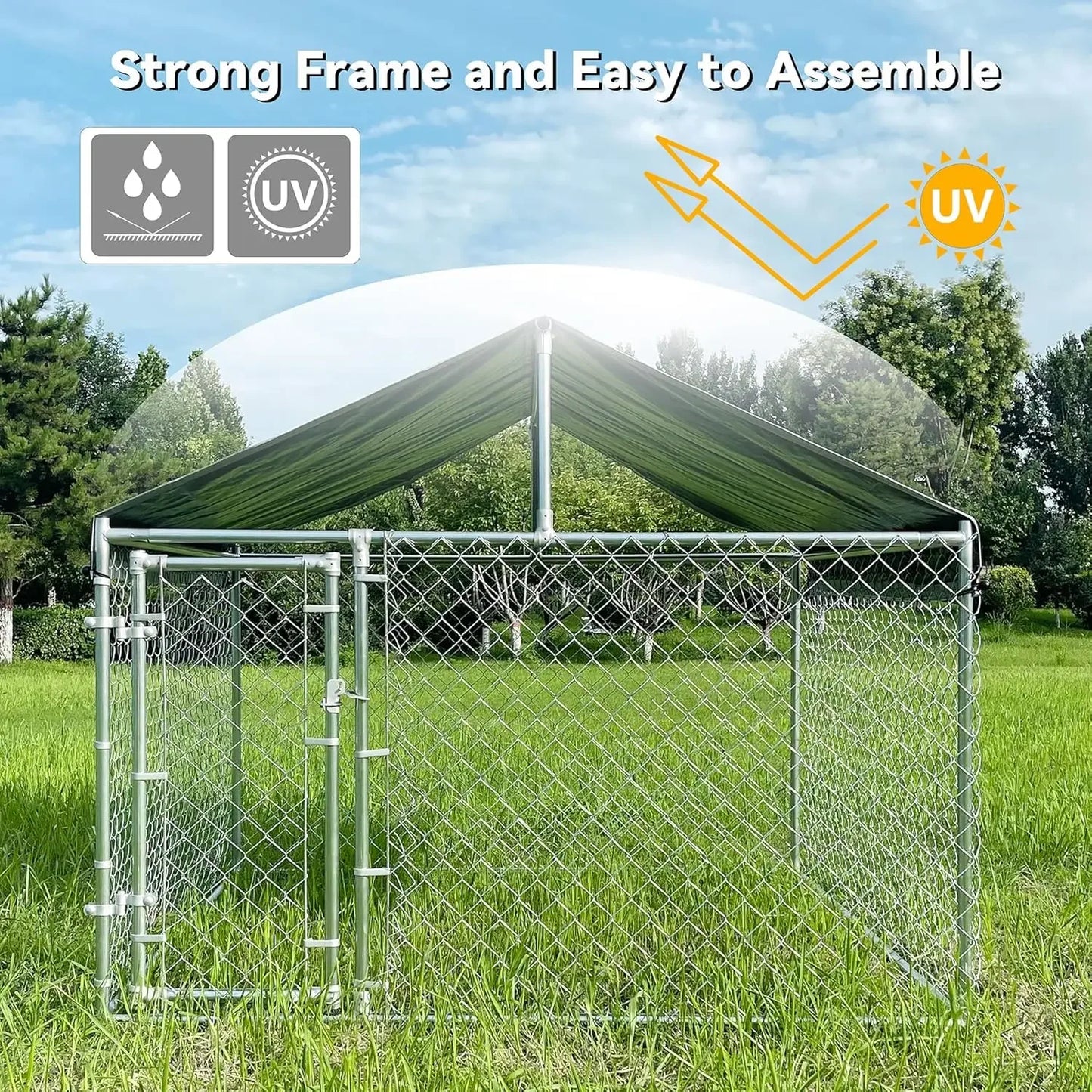 Extra Large Outdoor, Anti-Rust Dog Kennel with Galvanized Roof and Chain Link Dog Run