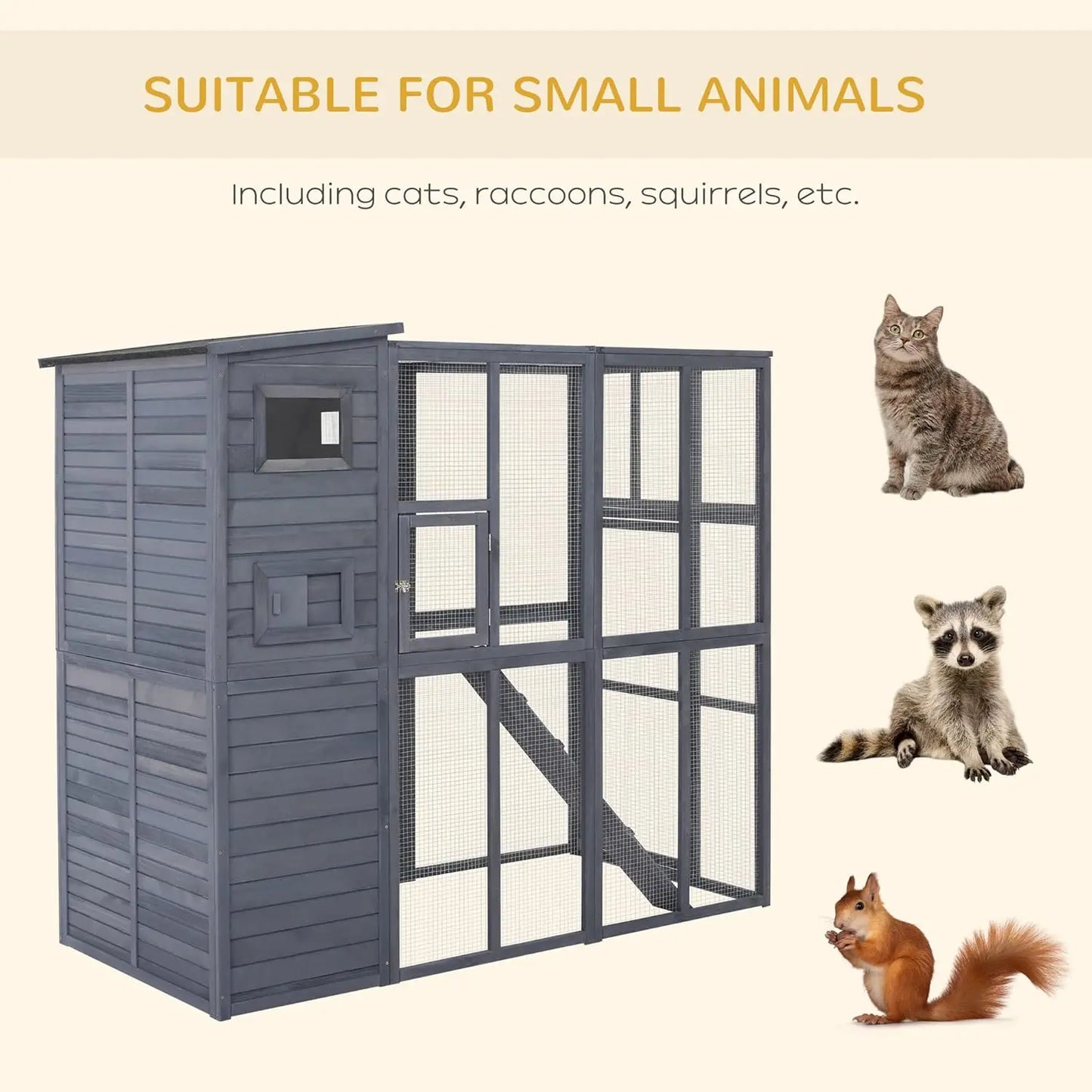 Outdoor Wooden Catio Cat Shelter with Platforms and Waterproof Roof