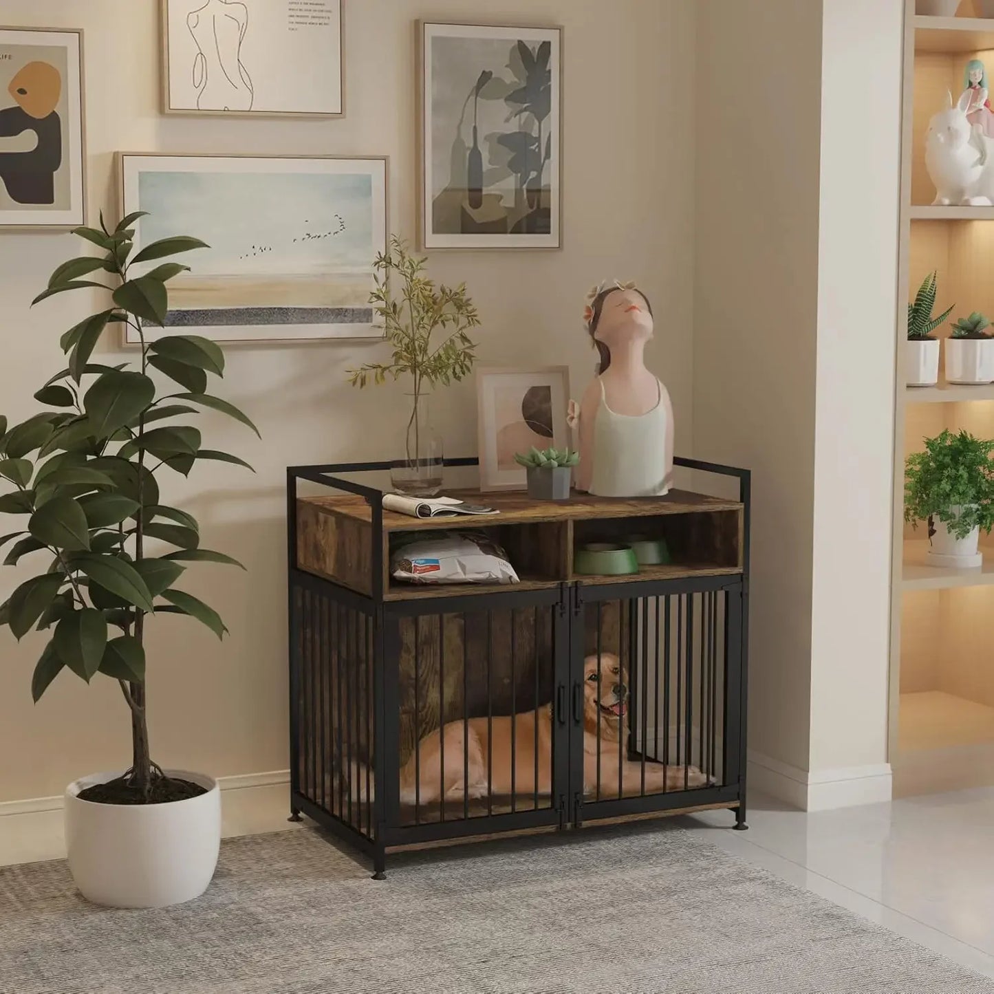 Wooden Furniture-Style Dog Crate with Metal Bars & Storage