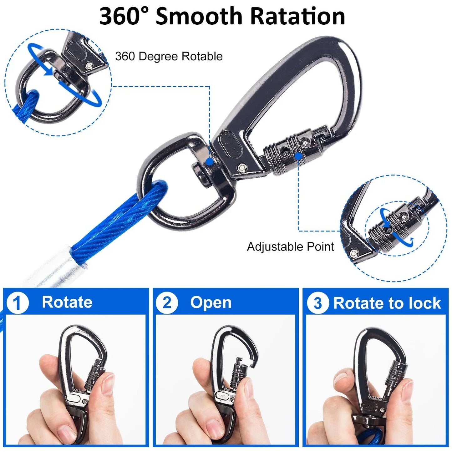 Heavy-Duty Double-Ended Steel, Tie-Out Cable Leash with Strong Metal Spring for Dogs