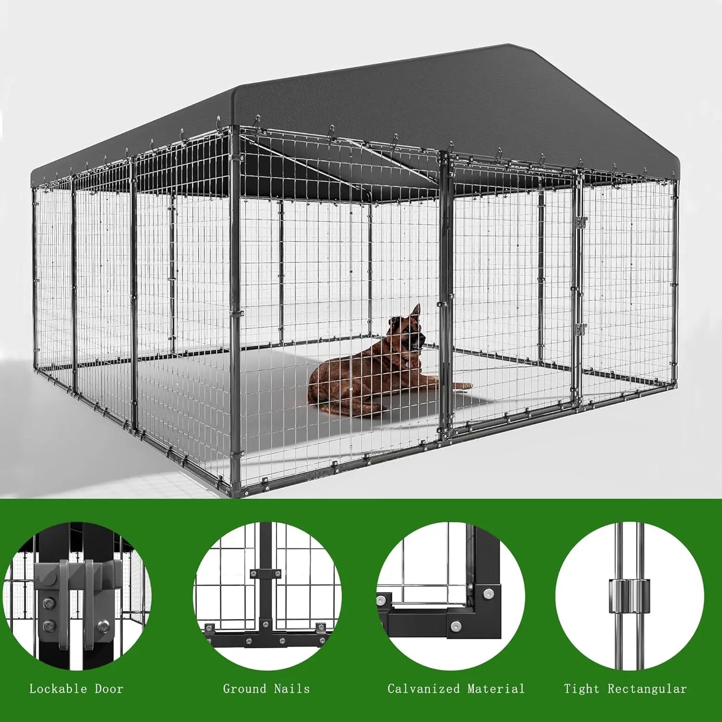 Large Heavy-Duty Outdoor Dog Kennel with Roof and Double Door Fence