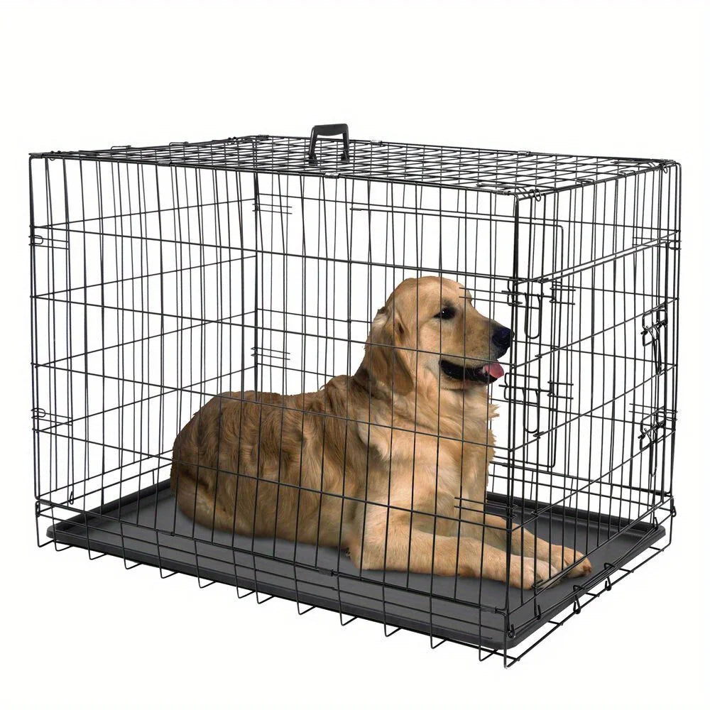 36" Folding Metal Dog Crate with Double Doors and Tray